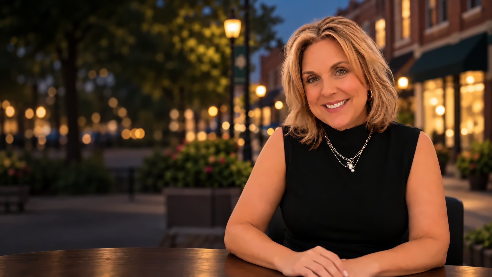 Attorney Pamela L. Castle seated at a table in downtown Hattiesburg at dusk